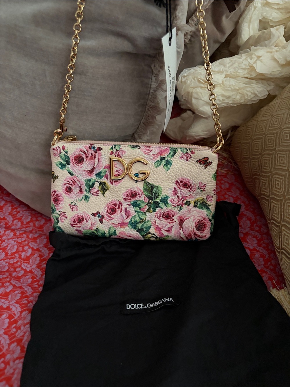 Dolce & Gabbana Cream Pink Floral Leather Chain Crossbody Bag